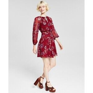 Vince Camuto Women's Floral Printed Fit & Flare Chiffon Dress Burgundy Size 10